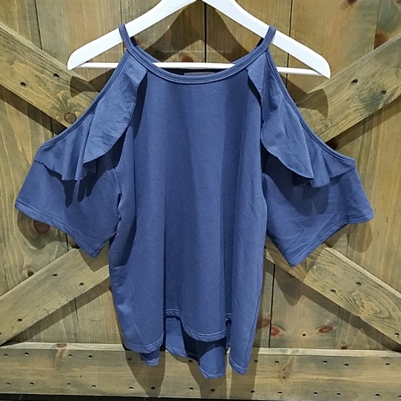 thyme and honey Tops - THYME & HONEY BLUE COLD SHOULDER RUFFLE TOP